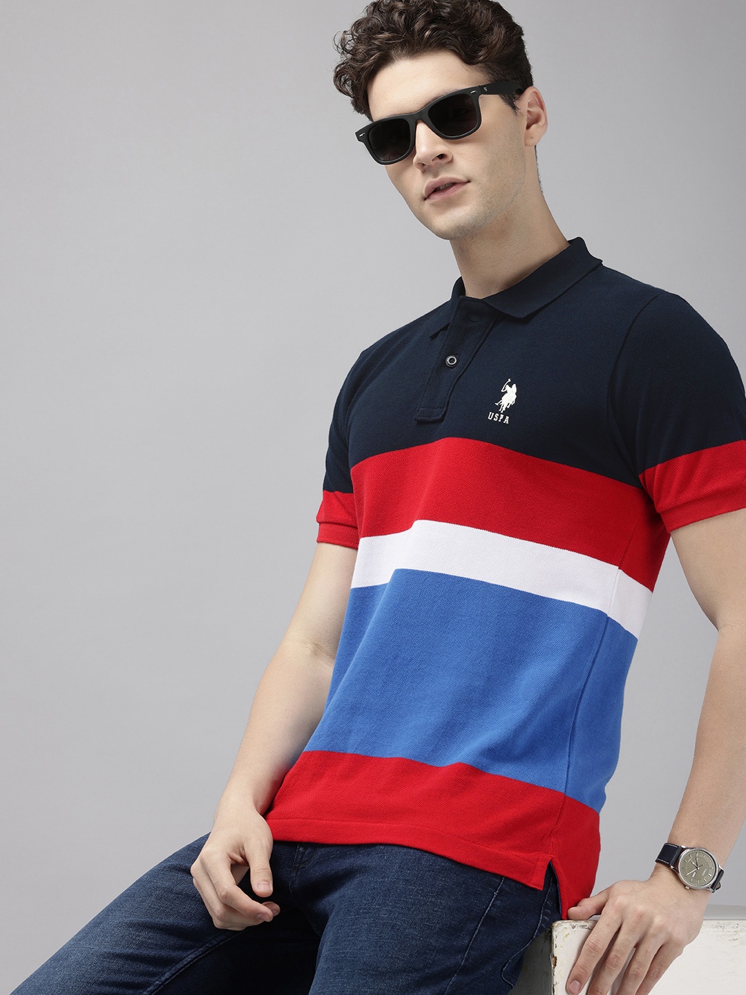 

U.S. Polo Assn. Colourblocked Polo Collar Pure Cotton Slim Fit T-shirt, Navy blue