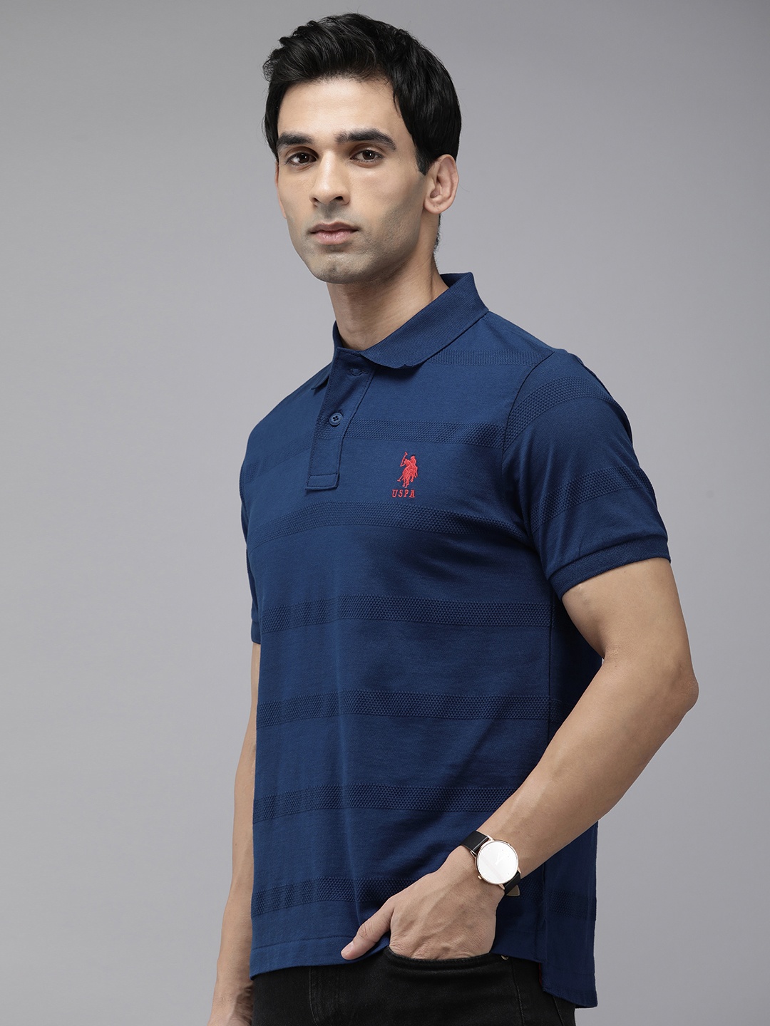 

U.S. Polo Assn. Pure Cotton Slim Fit Self Design Polo Collar Casual T-shirt, Navy blue