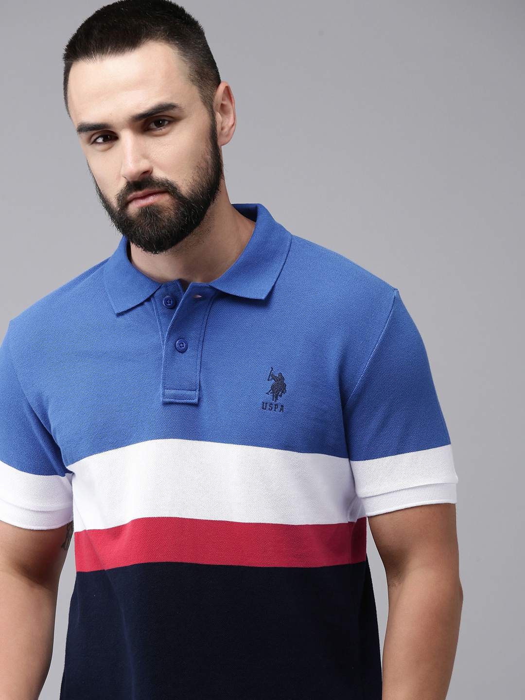 

U.S. Polo Assn. Pure Cotton Slim Fit Polo Collar Striped Casual T-shirt, Blue