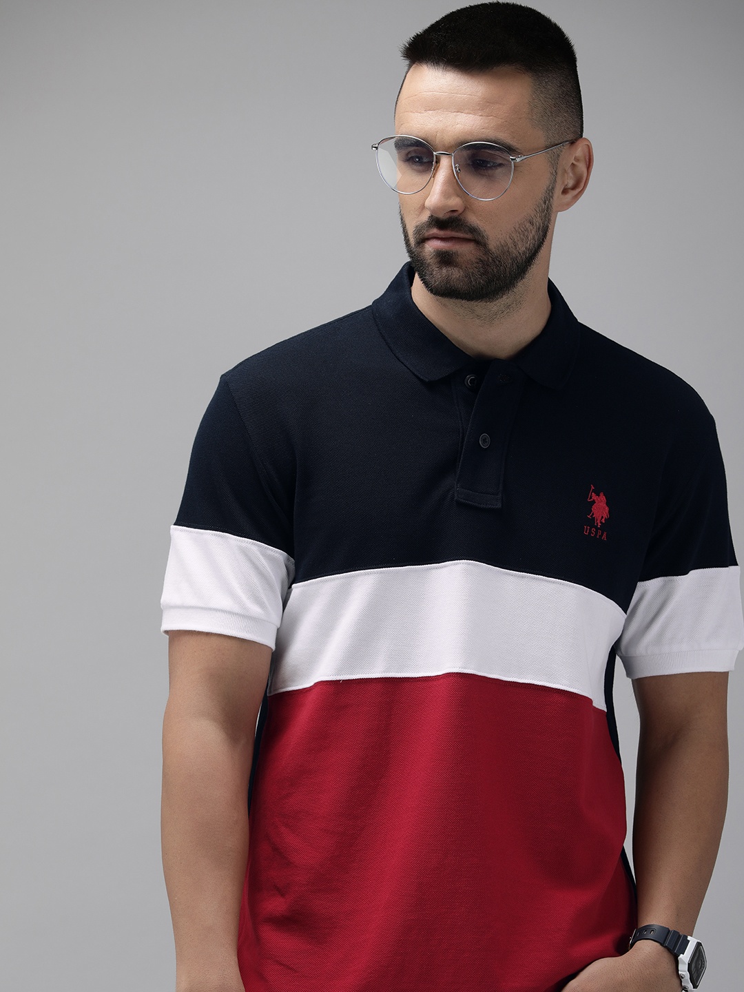 

U.S. Polo Assn. Pure Cotton Colourblocked Polo Collar Slim Fit T-shirt, Navy blue