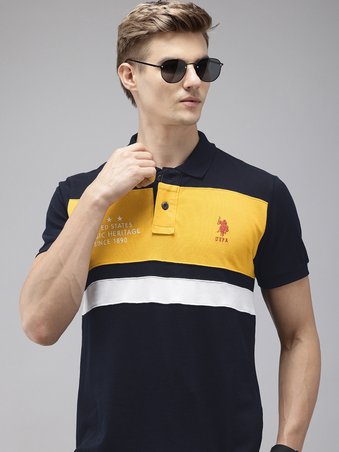 

U.S. Polo Assn. Colourblocked Polo Collar Pure Cotton Slim Fit T-shirt, Navy blue