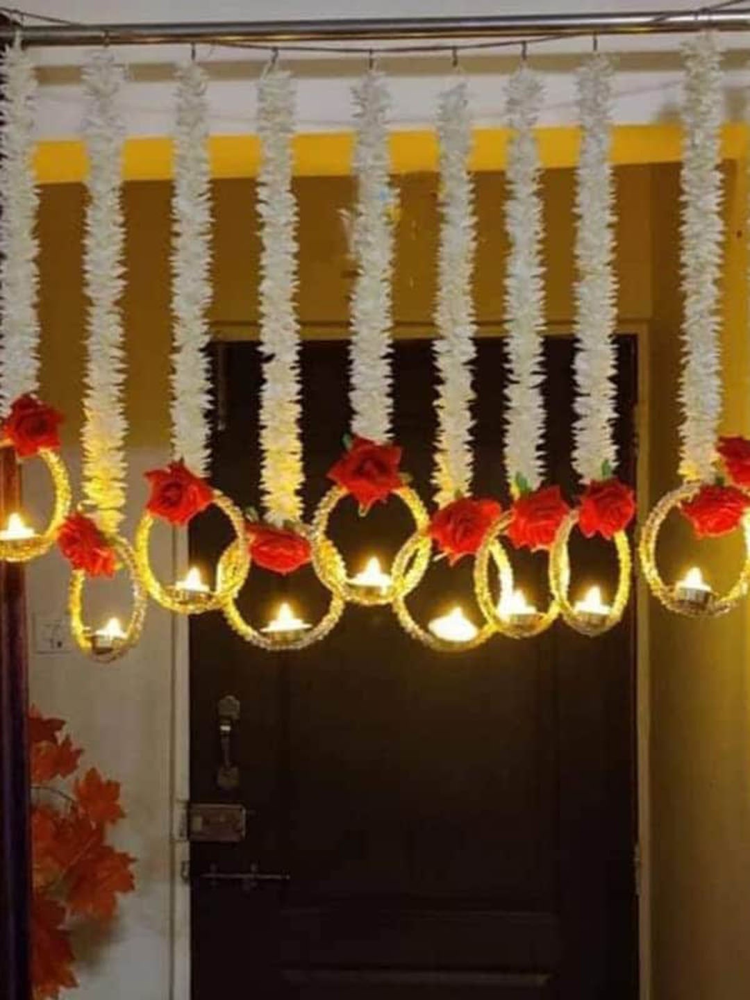 

Divyakosh 5 Pcs Floral Hanging Garlands with Decorative Rings & LED Lights, White