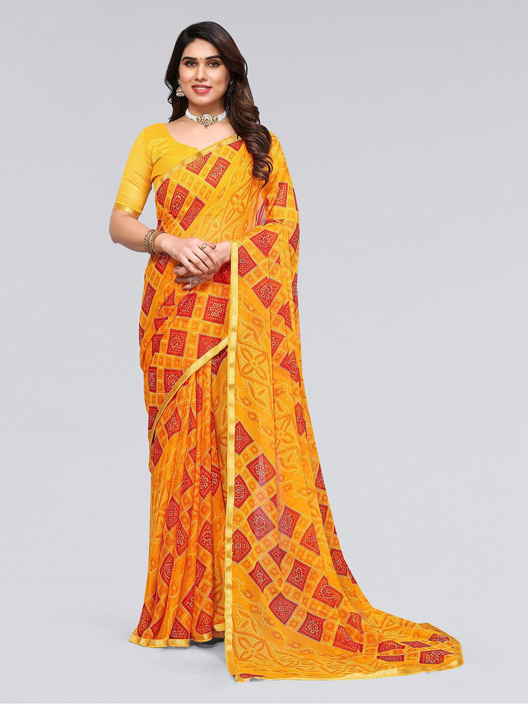 

KALINI Bandhani Printed Zari Saree, Yellow