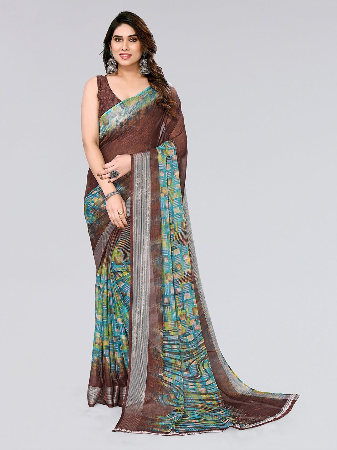 

KALINI Geometric Printed Saree, Brown