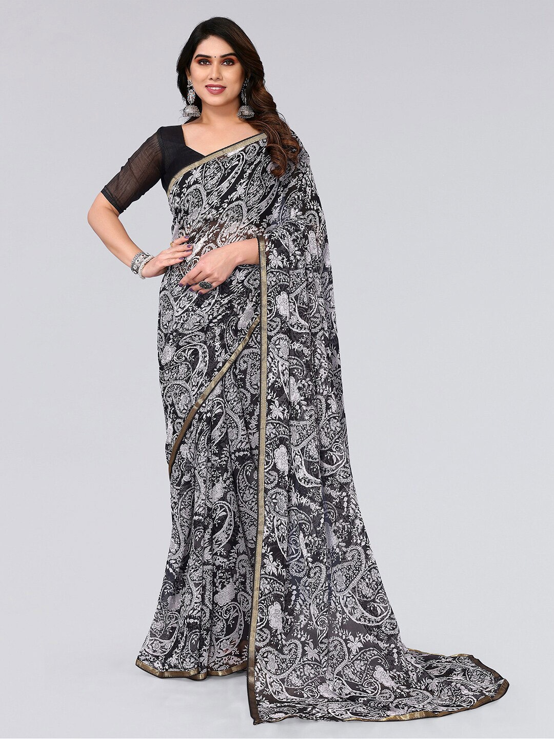 

KALINI Paisley Printed Saree, Black