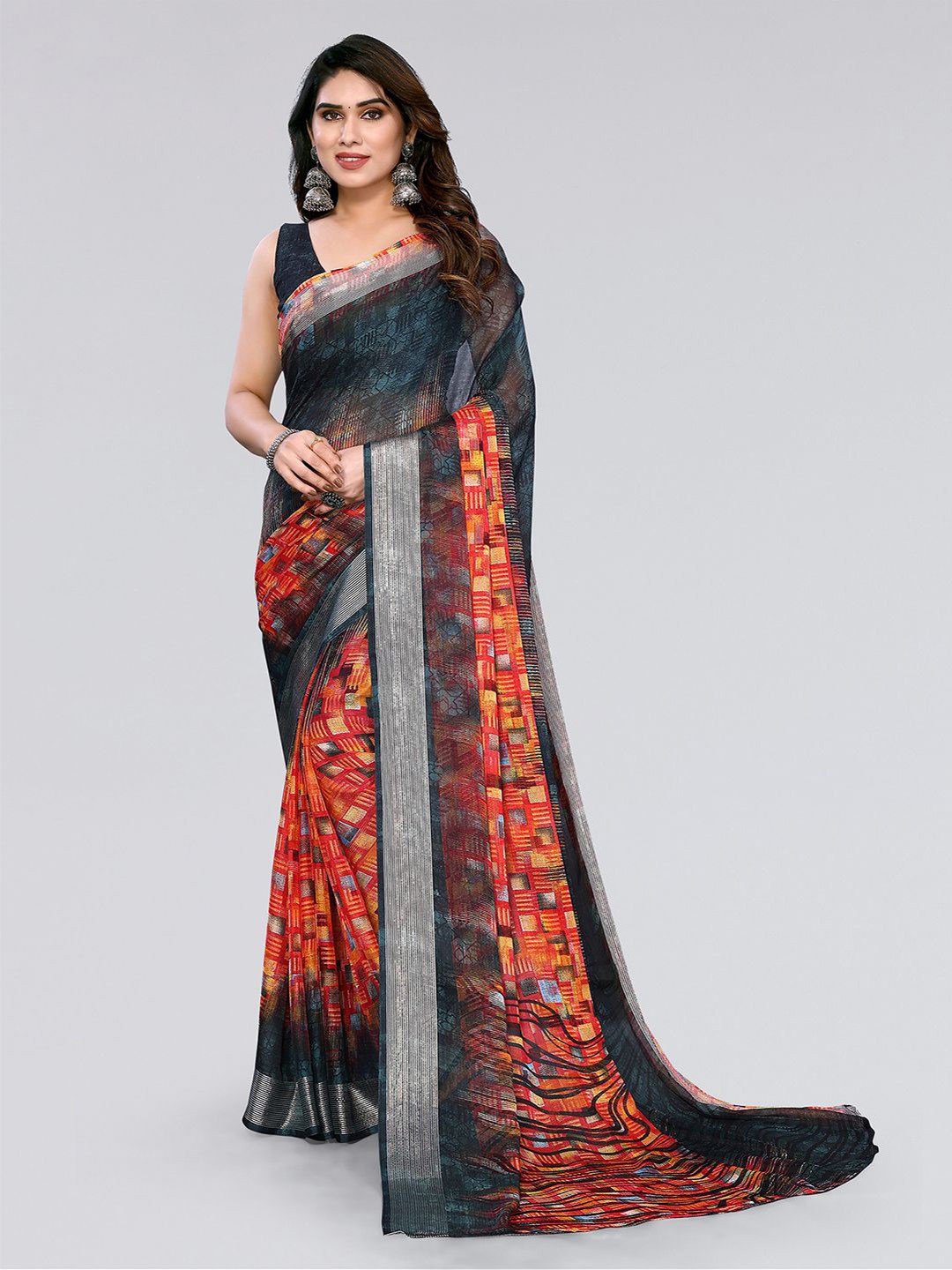 

KALINI Geometric Printed Saree, Green
