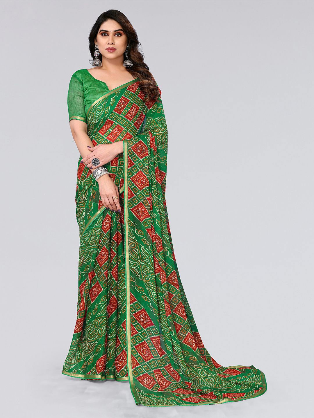 

KALINI Bandhani Printed Saree, Green