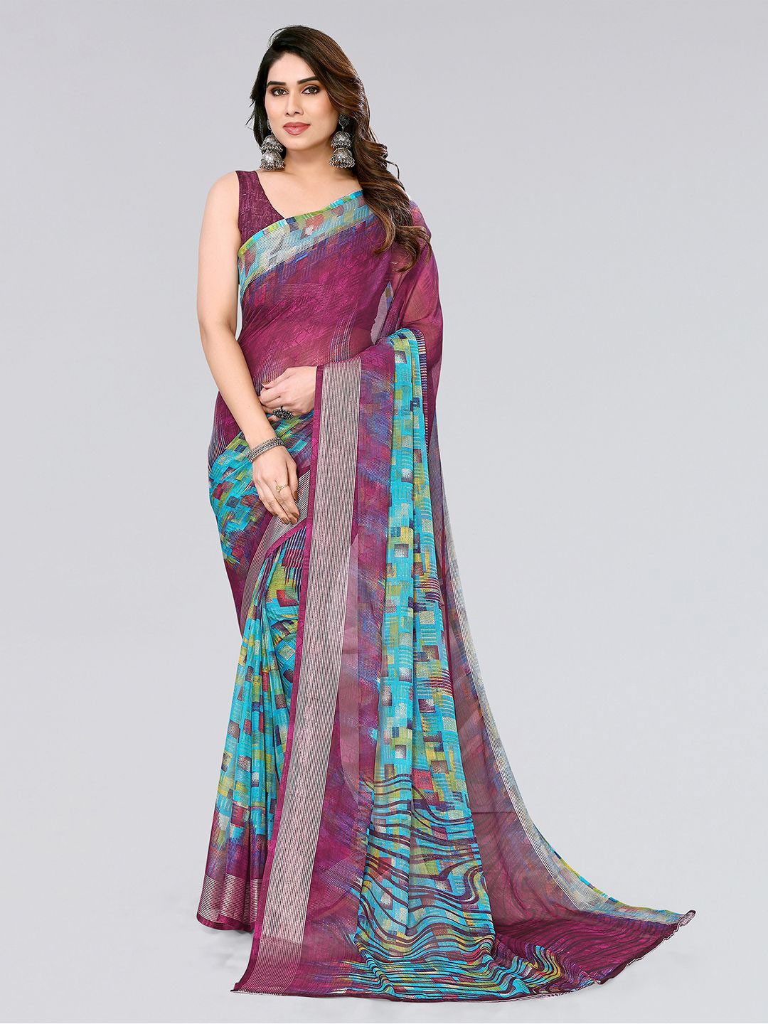 

KALINI Geometric Printed Saree, Purple