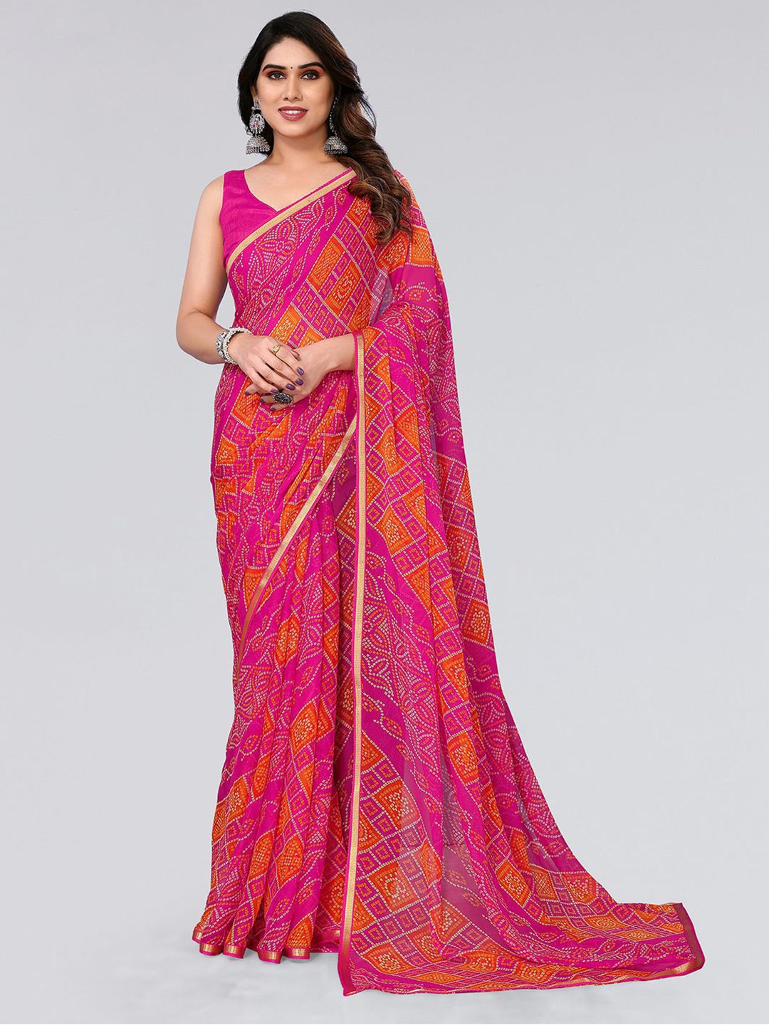 

KALINI Bandhani Printed Zari Saree, Pink