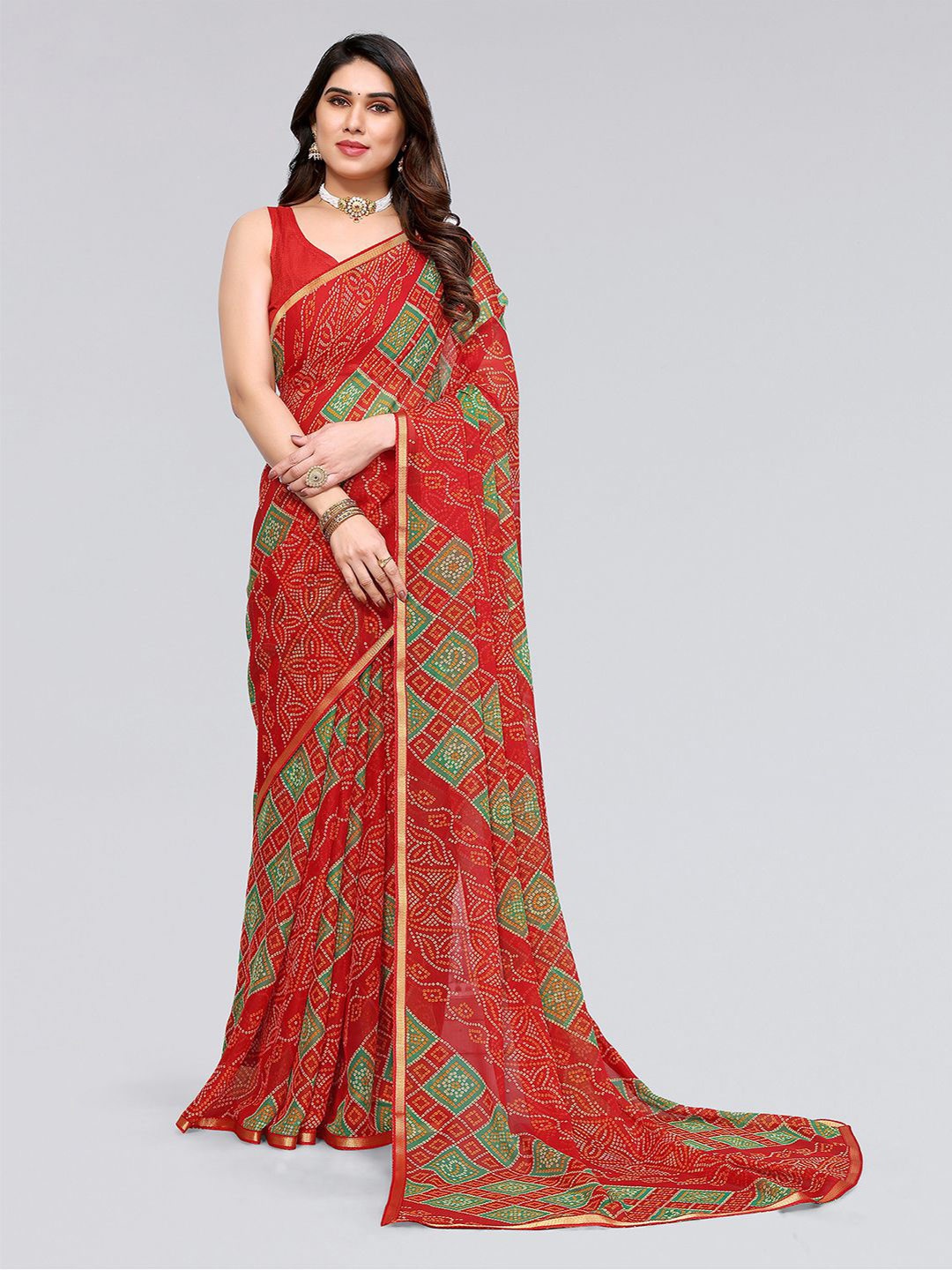 

KALINI Bandhani Printed Saree, Red