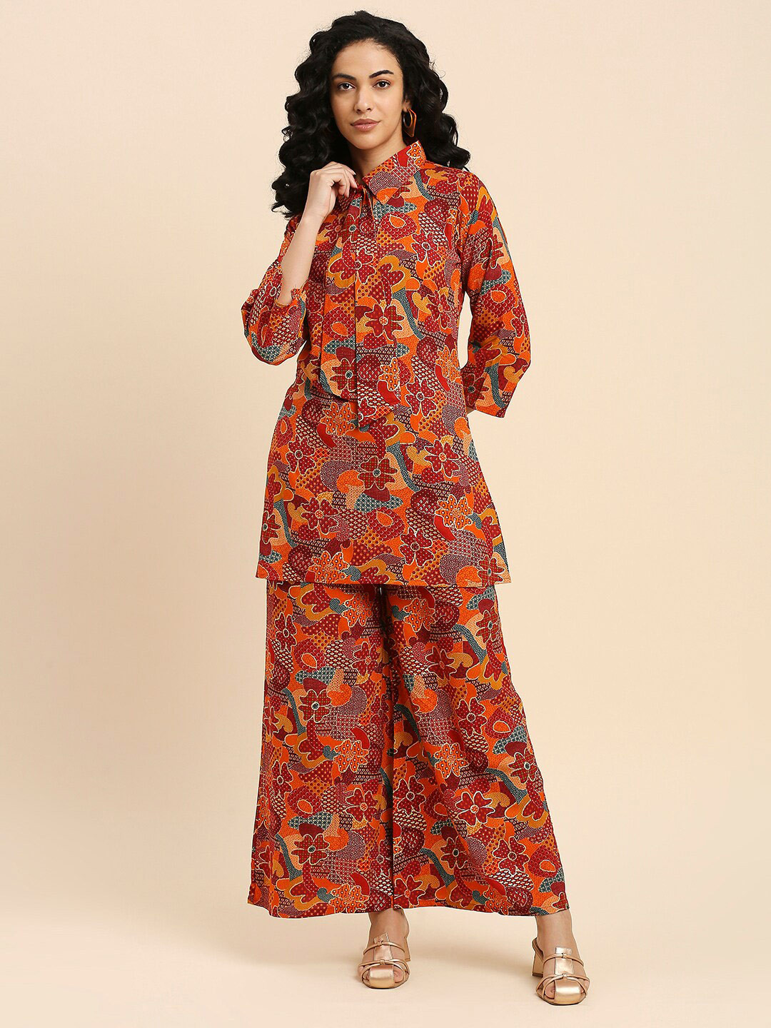 

GUFRINA Floral Printed Shirt Collar Three-Quarter Sleeve Kurta Set, Orange