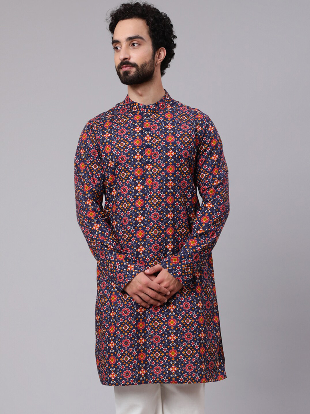 

AKS Geometric Printed Cotton Kurta, Navy blue