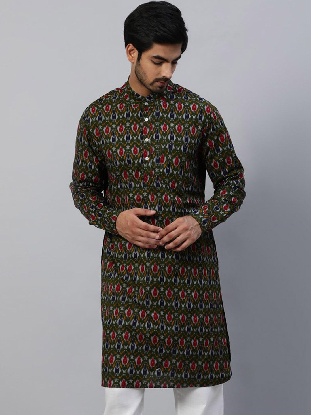 

AKS Geometric Printed Band Collar Regular Kurta, Blue