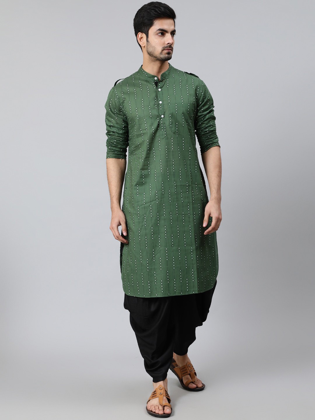 

AKS Ethnic Motifs Printed Band Collar Cotton Pathani Kurta, Green