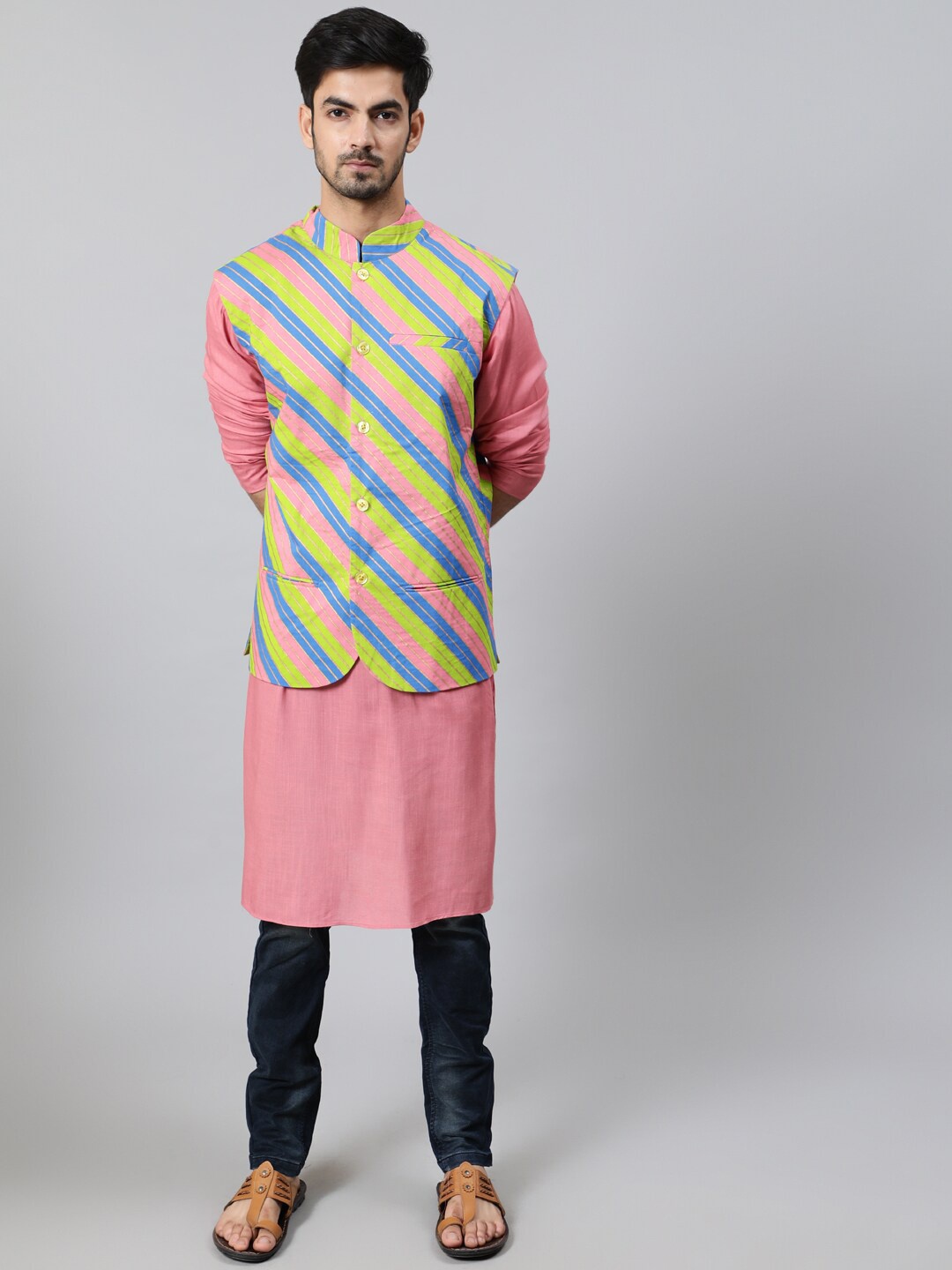 

AKS Mandarin Collar Kurta With Nehru Jacket, Pink