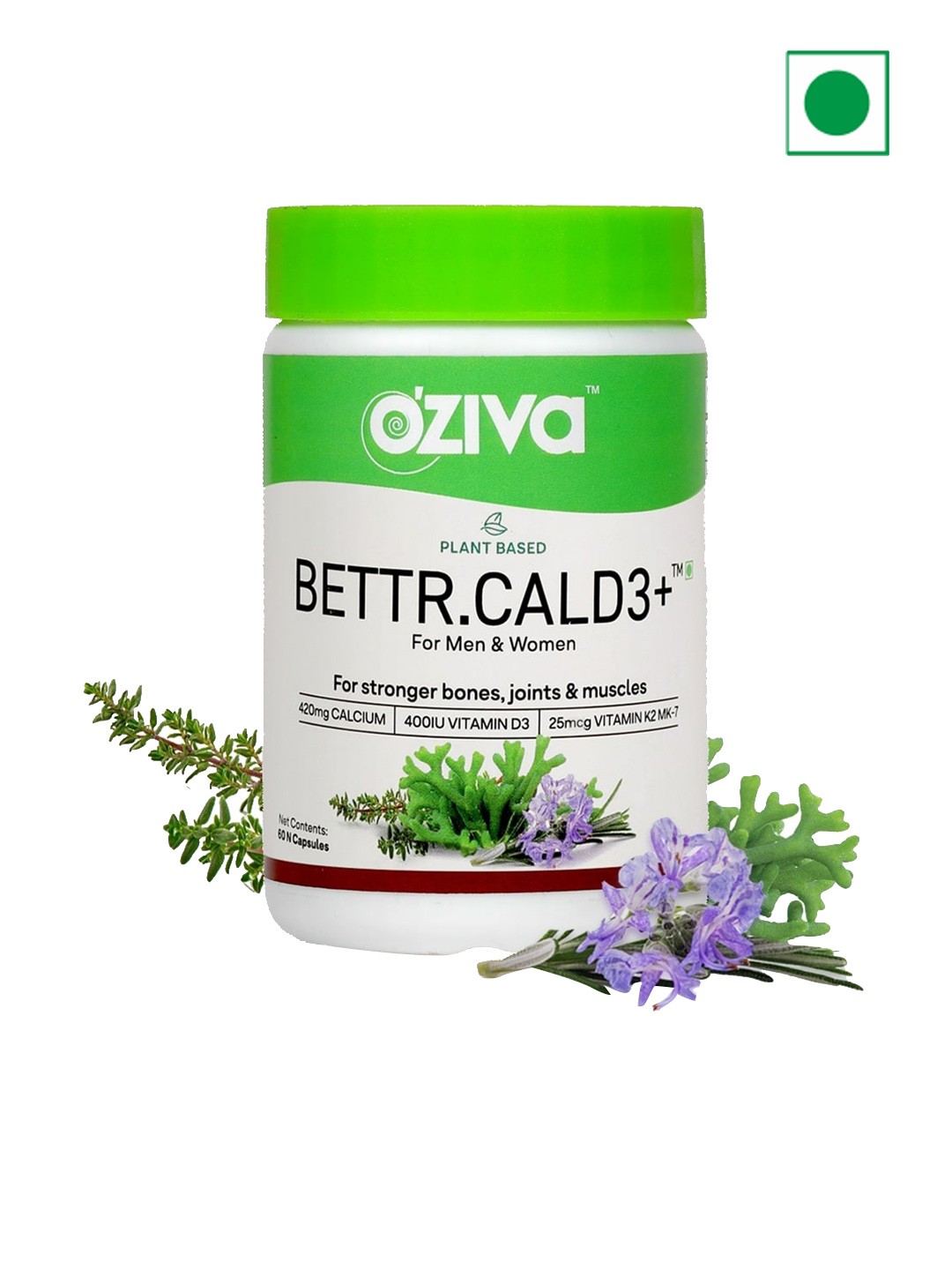 

OZiva Bettr.CalD3+ Capsules For Strong Bones Joint & Muscles - 60 Veg Capsules, Green