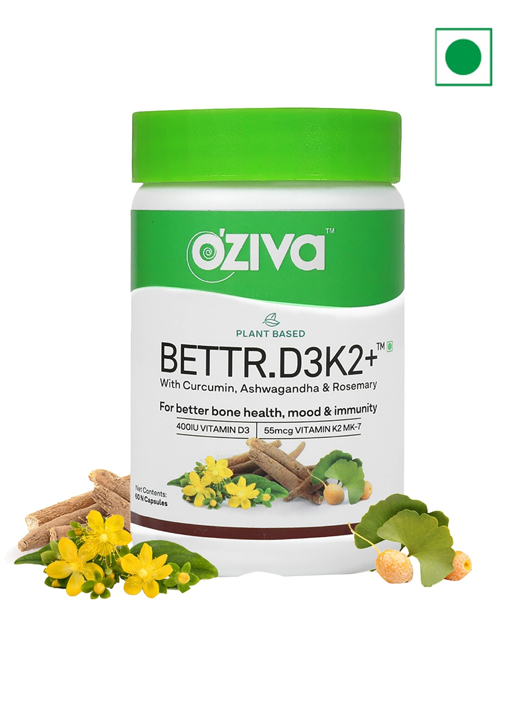 

OZiva Bettr.D3K2+ Capsules For Anti-Inflammation & Mood - 60 Veg Capsules, Green