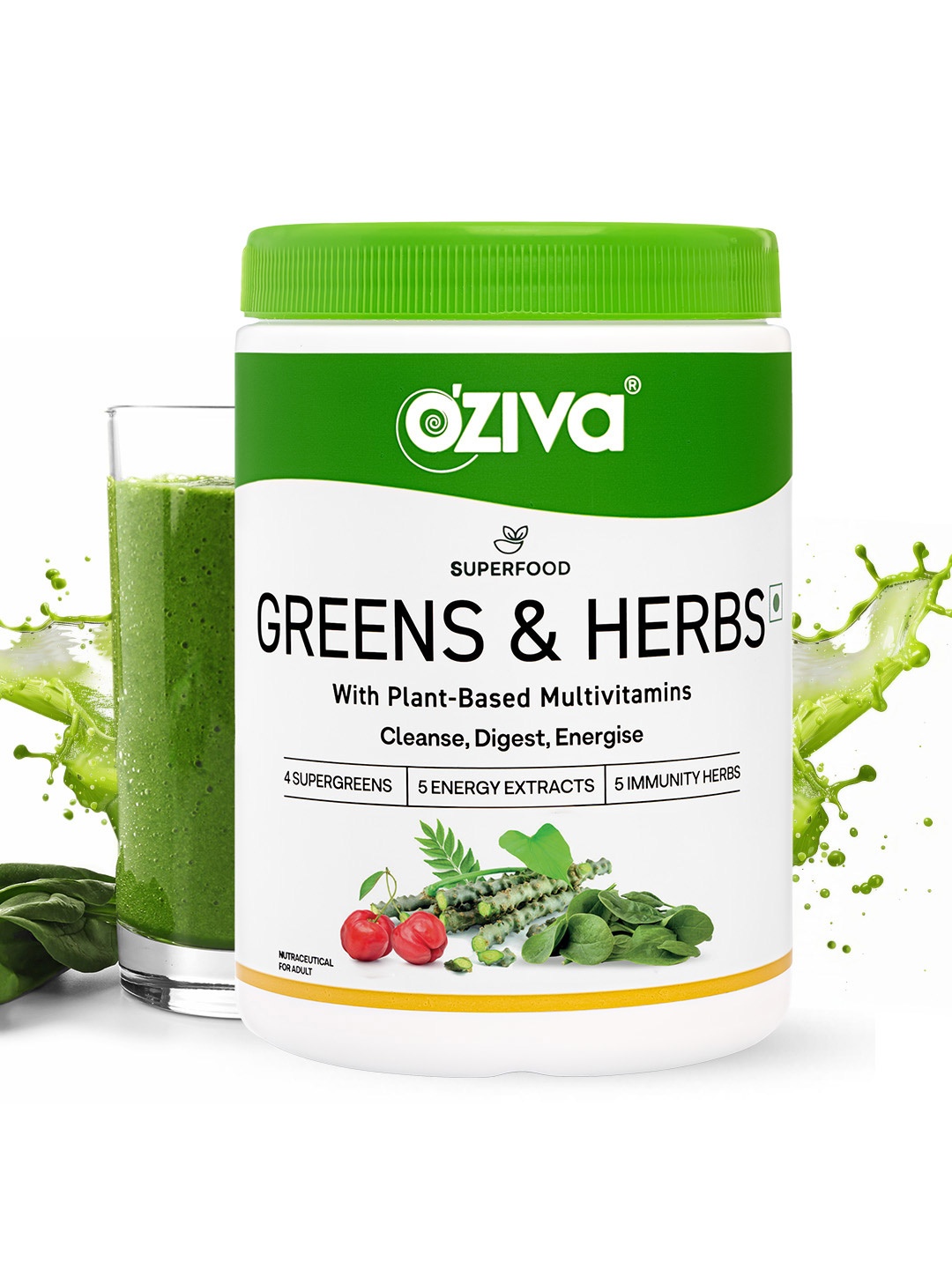 

OZiva Superfood Greens & Herbs with Whole Food Multivitamins - 250 g, Green