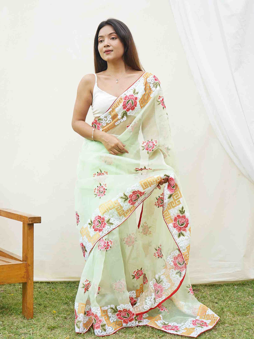 

Mitera Floral Embroidered Organza Saree, Green