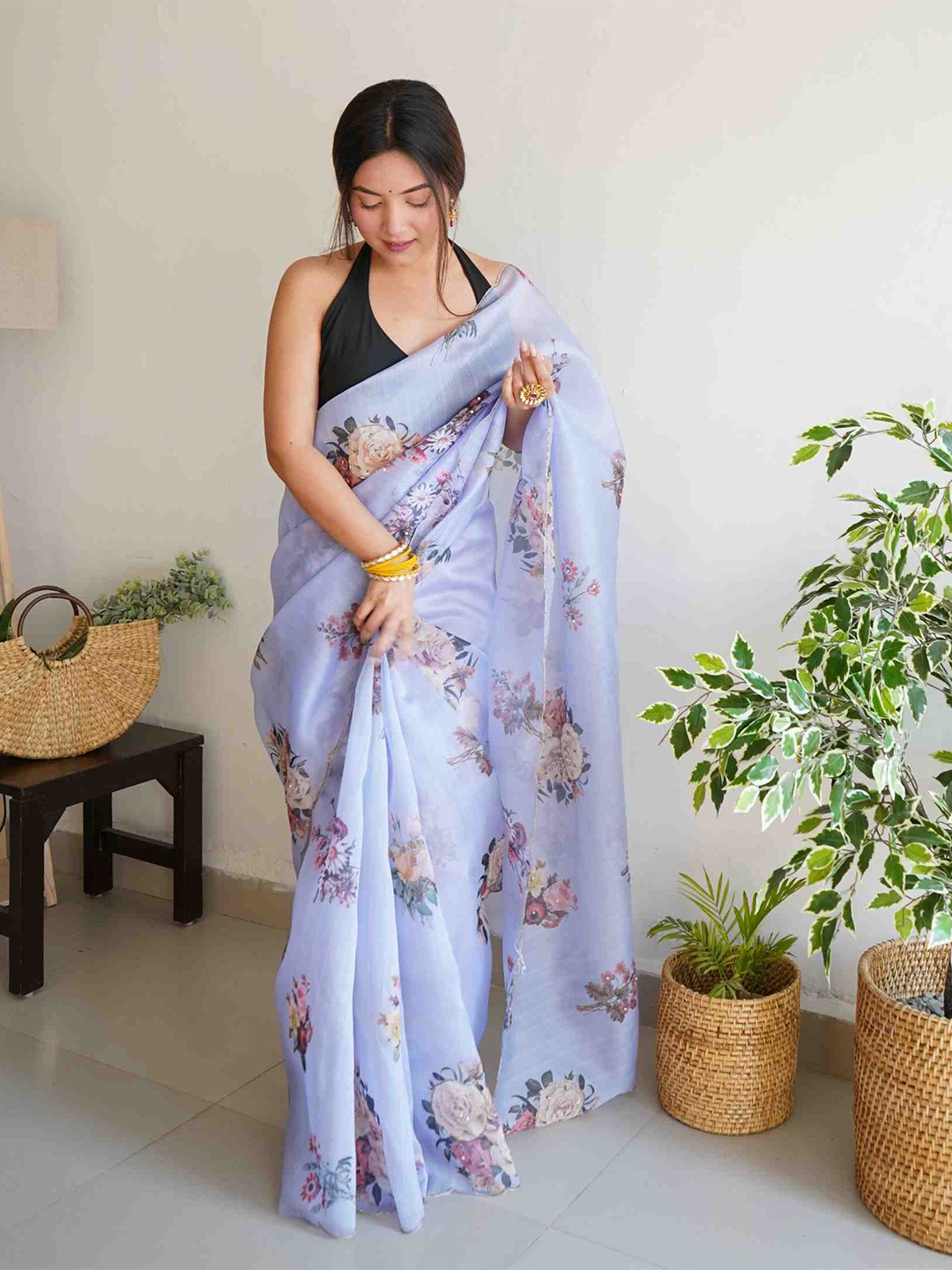 

Mitera Purple & Yellow Floral Sequinned Organza Saree