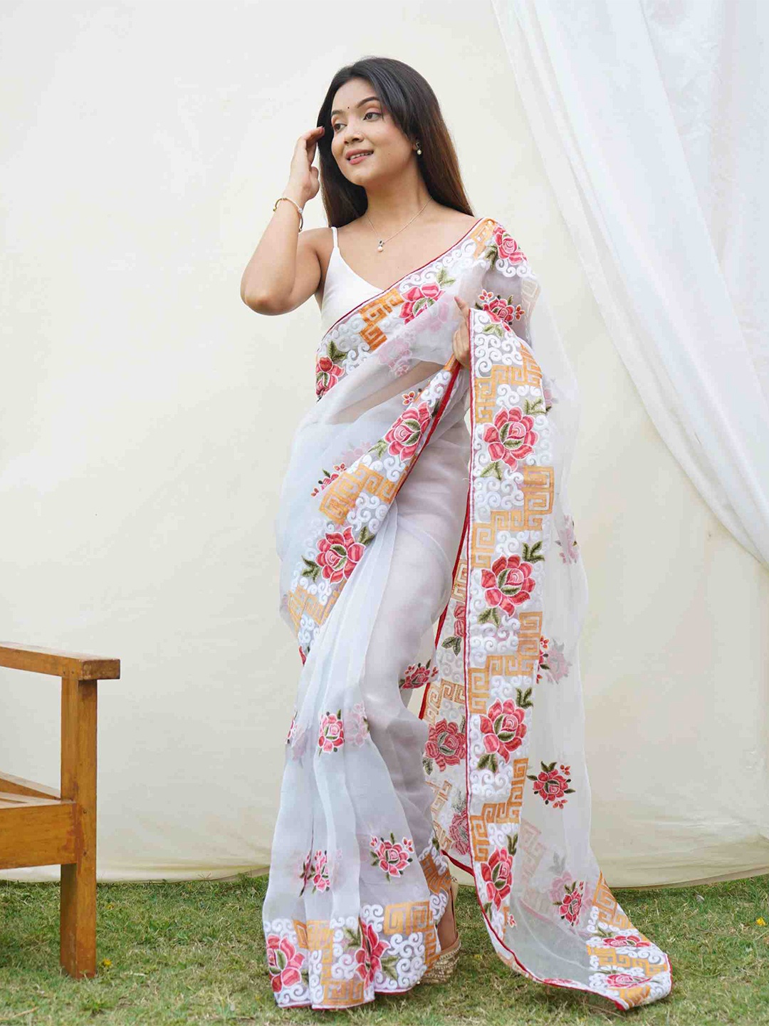 

Mitera Floral Embroidered Organza Saree, Grey