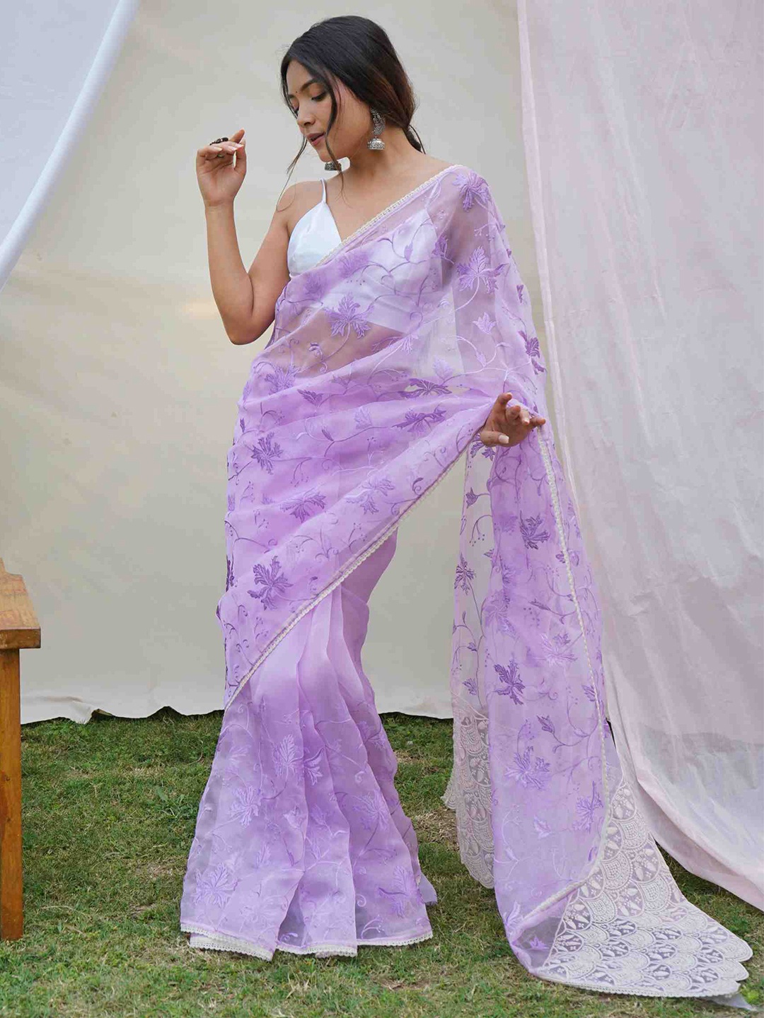 

Mitera Lavender Floral Embroidered Organza Saree