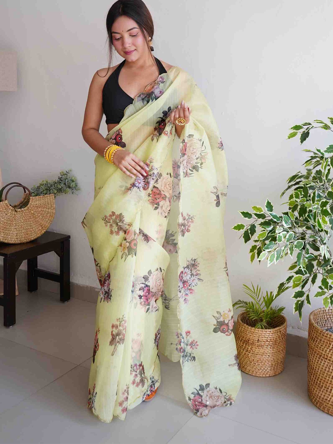 

Mitera Yellow & White Floral Embroidered Organza Saree