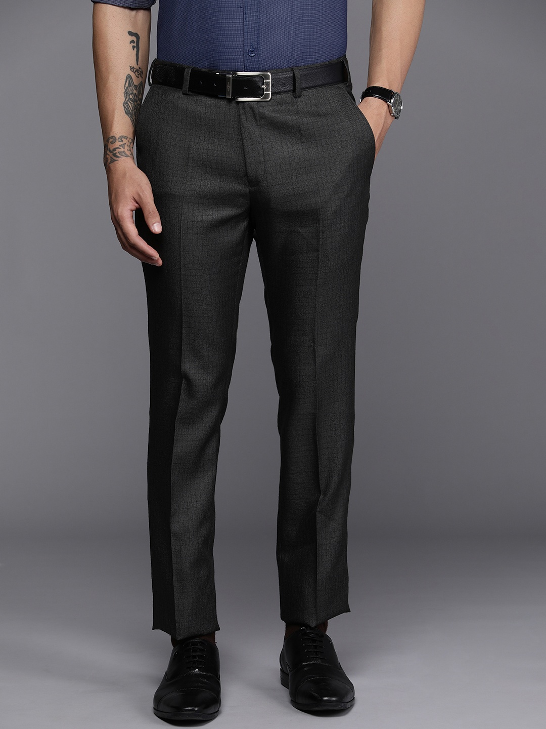 

Raymond Men Checked Slim Fit Mid-Rise Formal Trousers, Charcoal