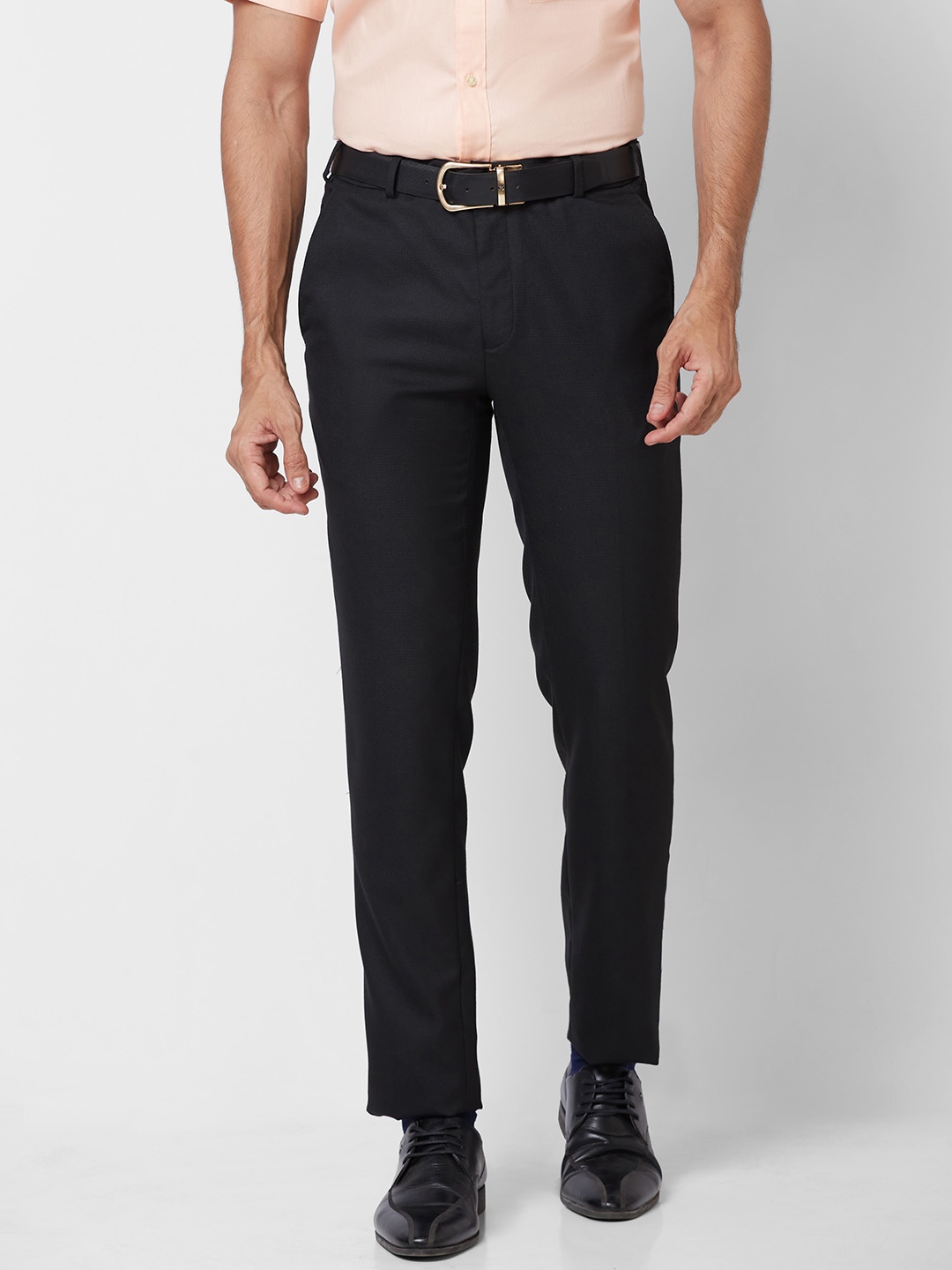

Raymond Men Mid Rise Self Design Textured Slim Fit Formal Trousers, Black
