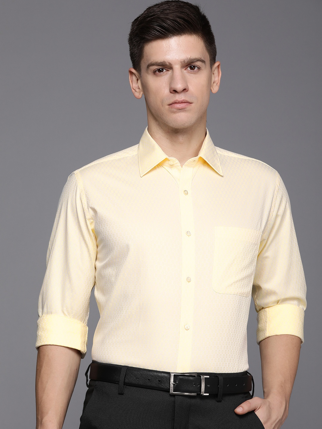 

Raymond Self Design Textured Pure Cotton Slim Fit Formal Shirt, Yellow