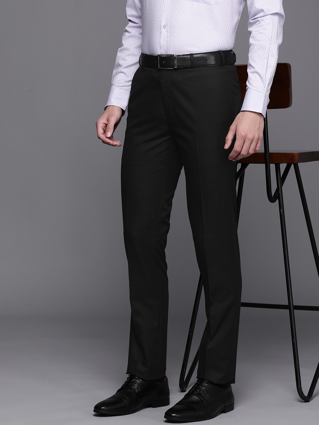 Raymond Men Mid-Rise Slim Fit Checked Formal Trousers, Black