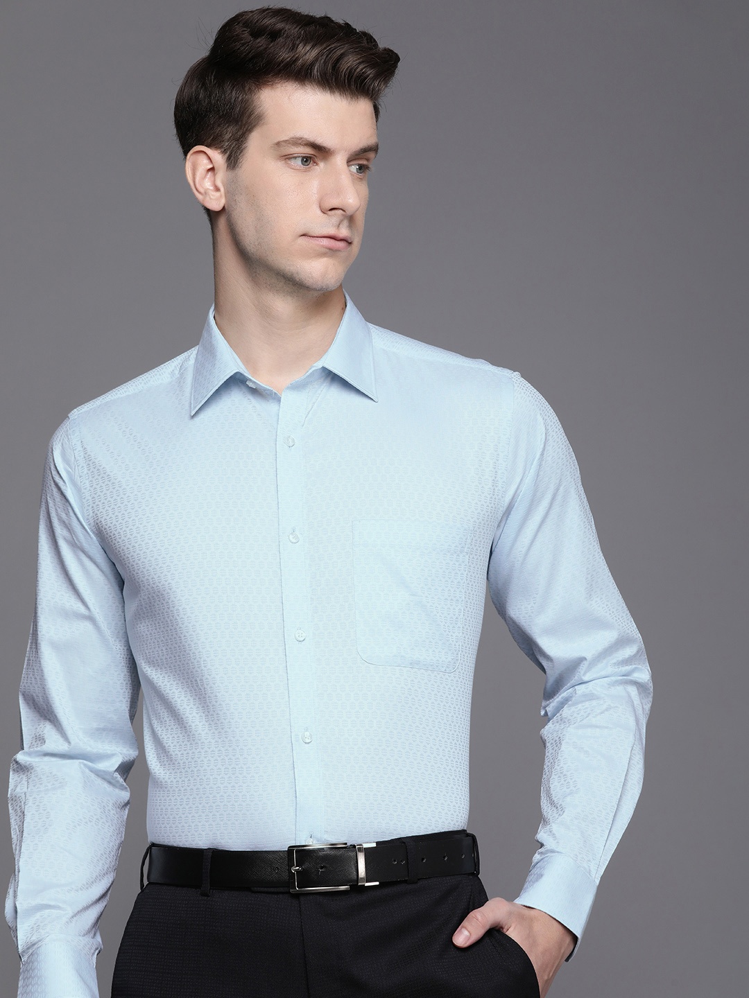 

Raymond Self Design Textured Slim Fit Pure Cotton Formal Shirt, Blue