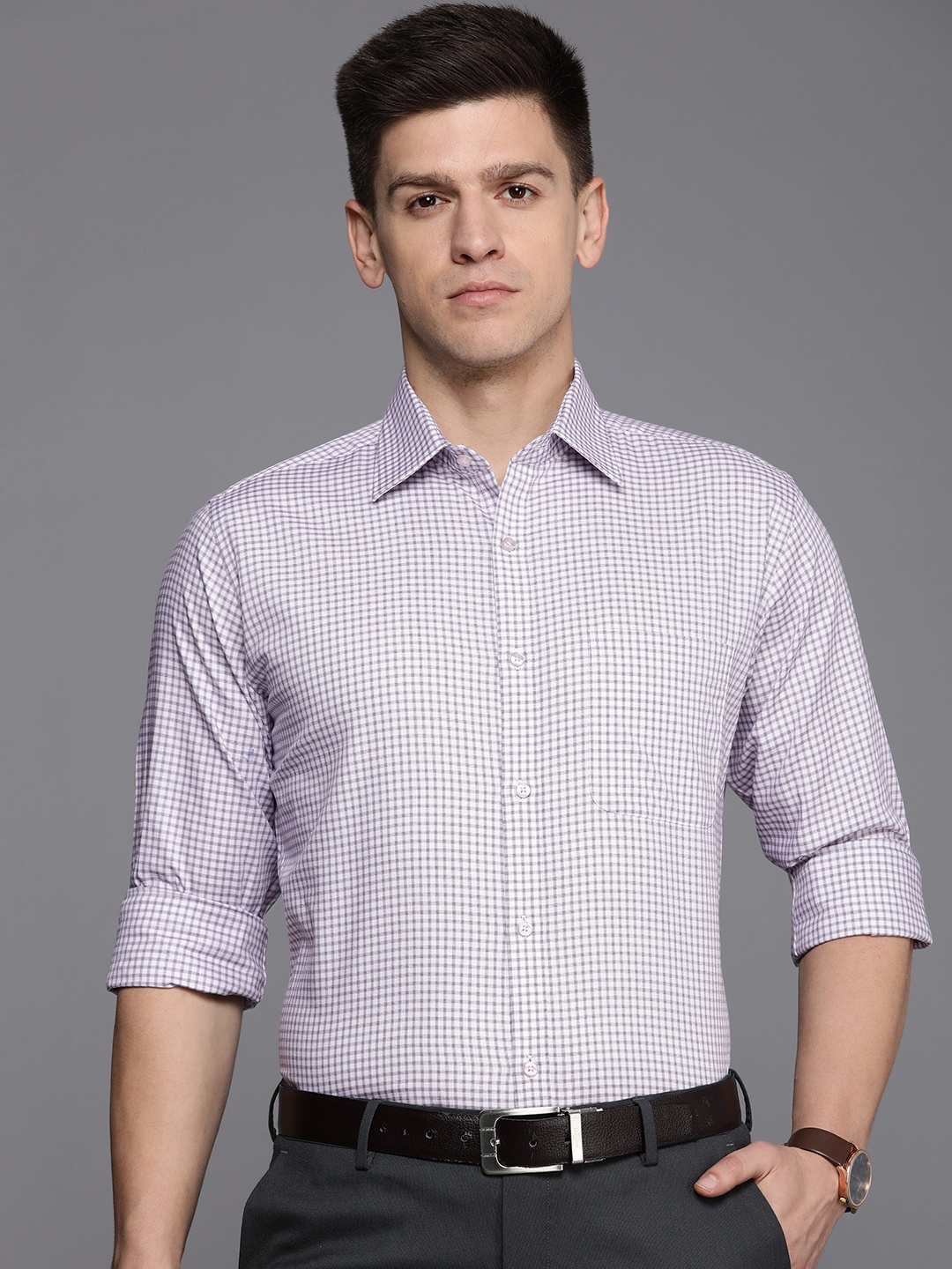 

Raymond Men Slim Fit Micro Checks Pure Cotton Formal Shirt, Purple