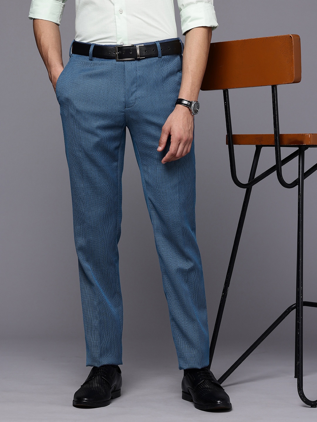 

Raymond Men Self Design Textured Slim Fit Formal Trousers, Blue