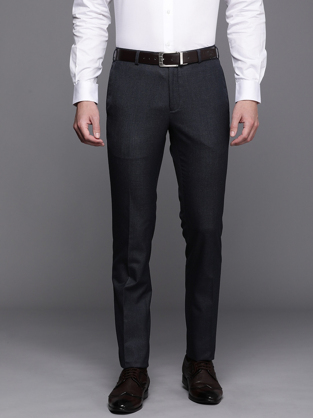 

Raymond Men Solid Mid-Rise Slim Fit Formal Trousers, Blue