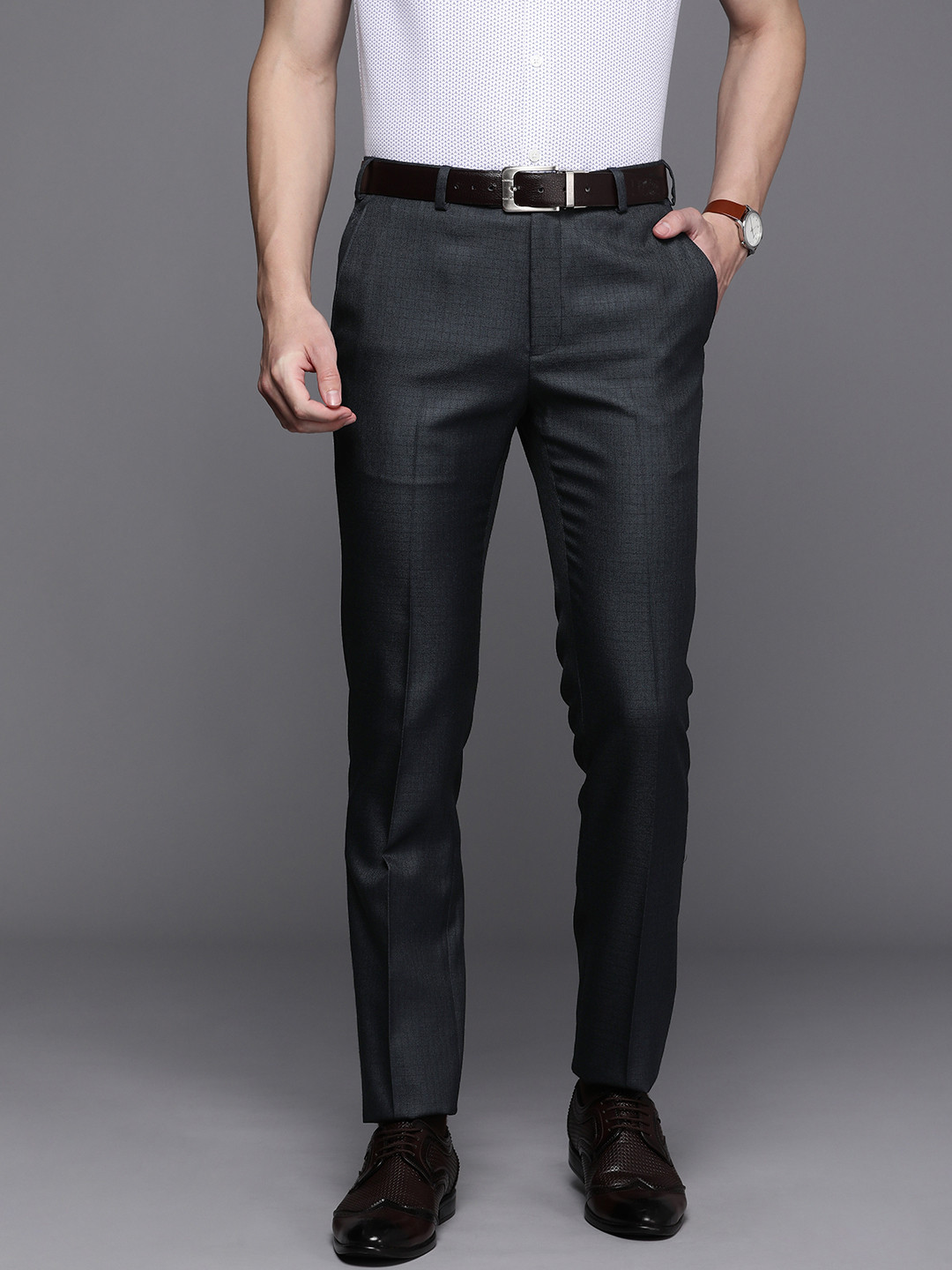 

Raymond Men Checked Slim Fit Formal Trousers, Grey