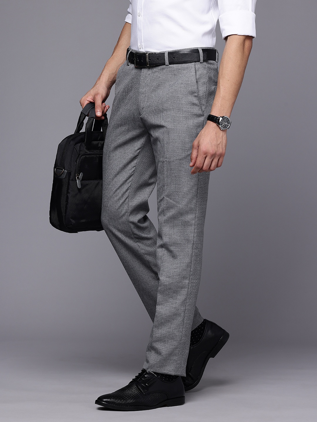 

Raymond Men Slim Fit Self Checked Formal Trousers, Grey