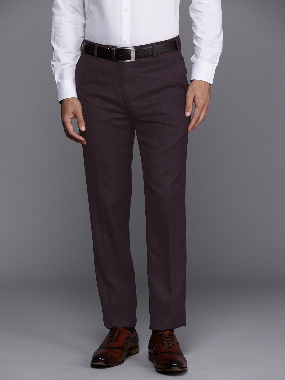 

Raymond Men Textured Slim Fit Mid-Rise Formal Trousers, Burgundy