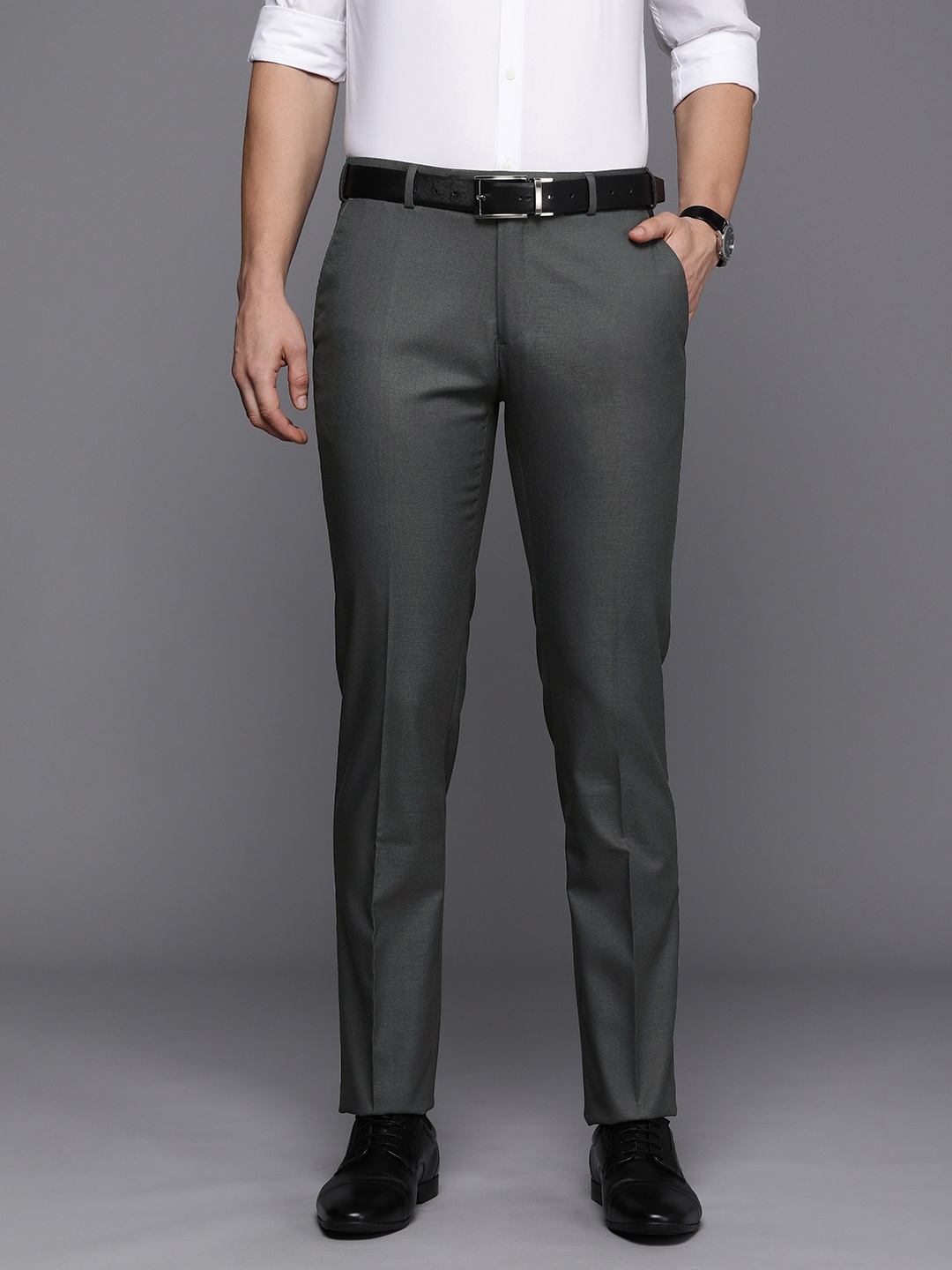 

Raymond Men Self Design Textured Slim Fit Formal Trousers, Grey