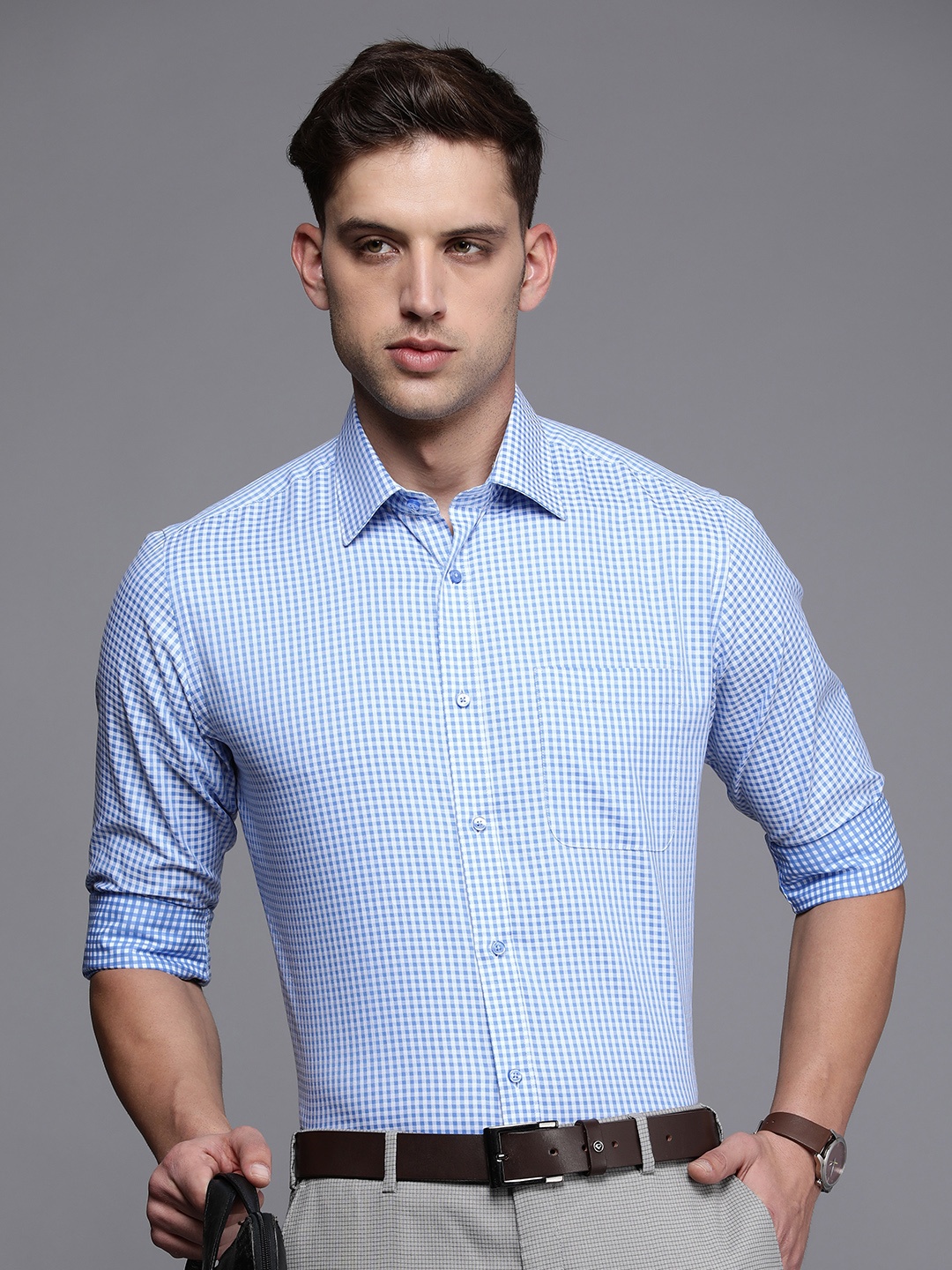 

Raymond Slim Fit Checked Pure Cotton Formal Shirt, Blue