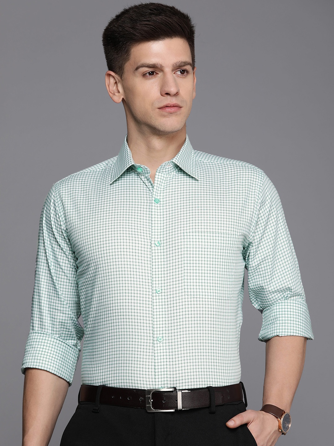 

Raymond Men Slim Fit Micro Checks Pure Cotton Formal Shirt, Green