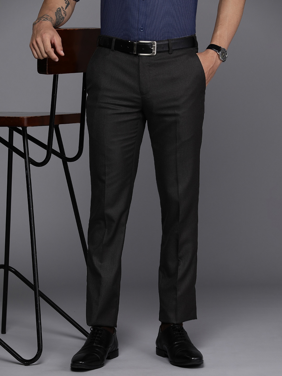 

Raymond Men Textured Slim Fit Mid-Rise Formal Trousers, Coffee brown