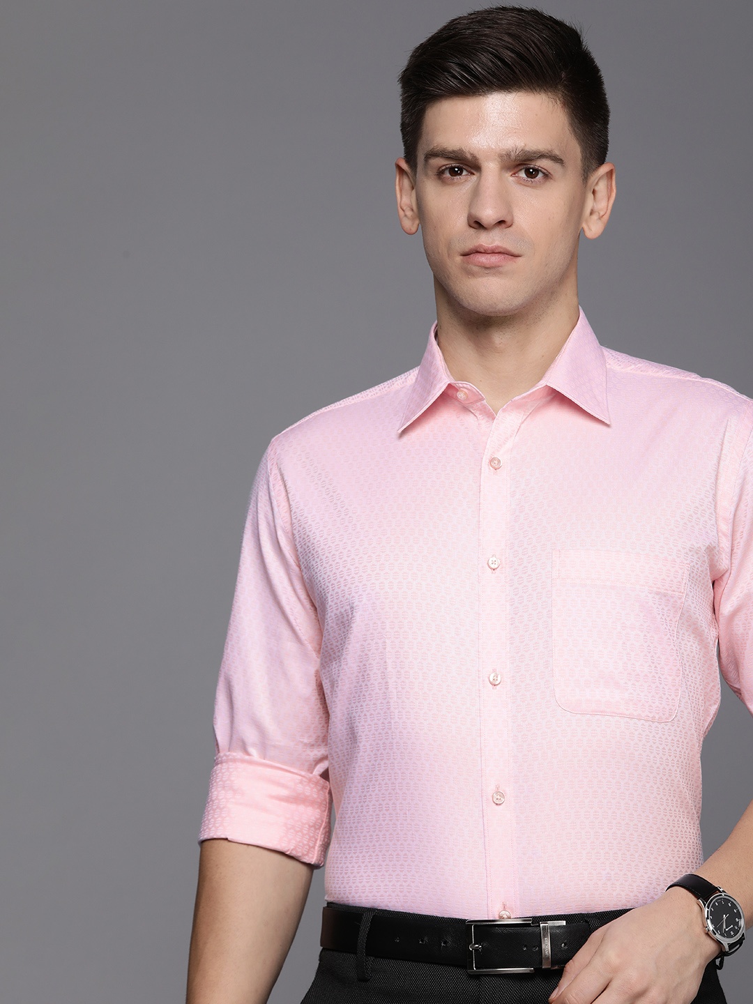 Raymond Self Design Textured Pure Cotton Slim Fit Formal Shirt, Pink