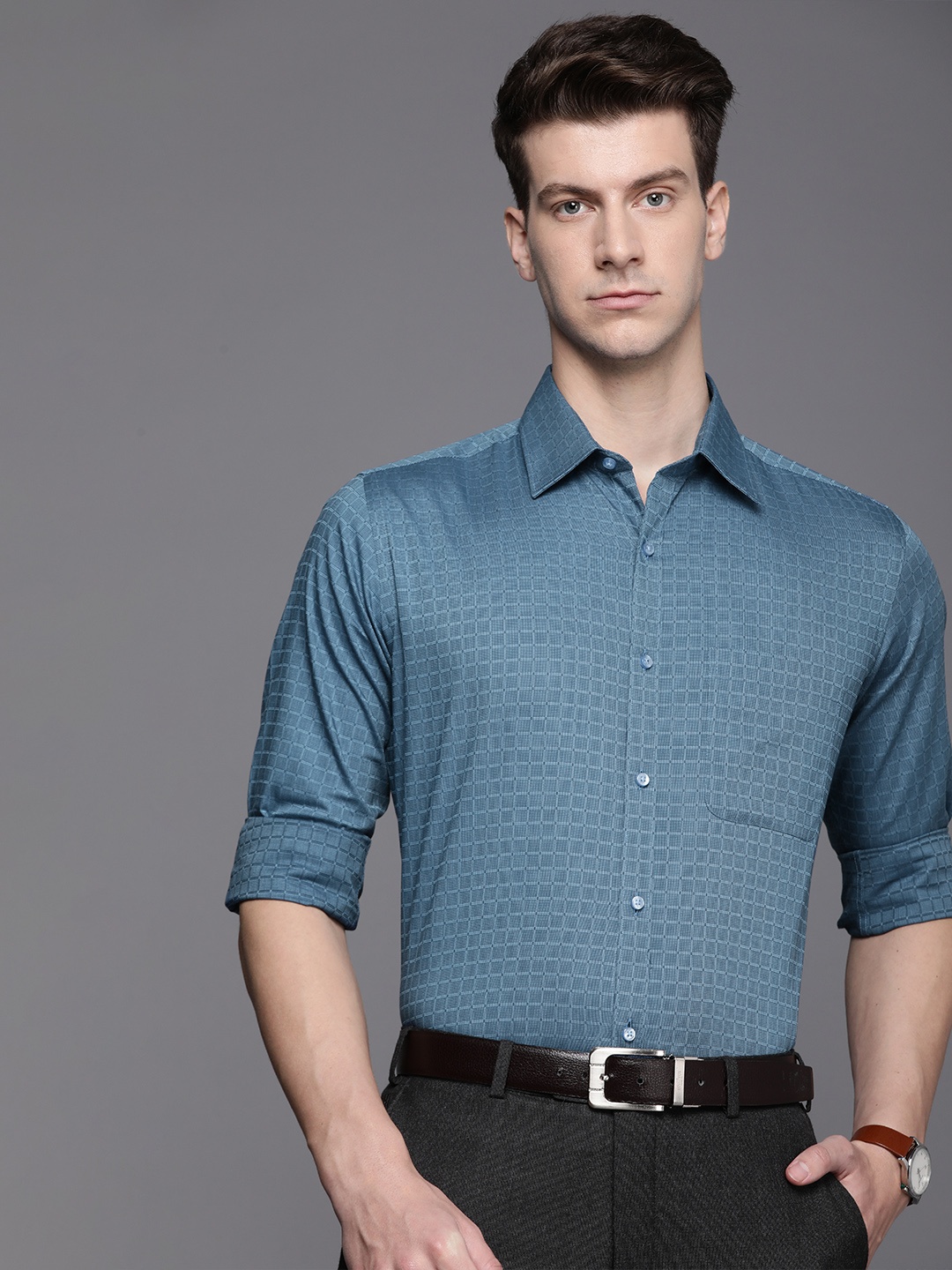 Raymond Checked Pure Cotton Slim Fit Formal Shirt, Blue