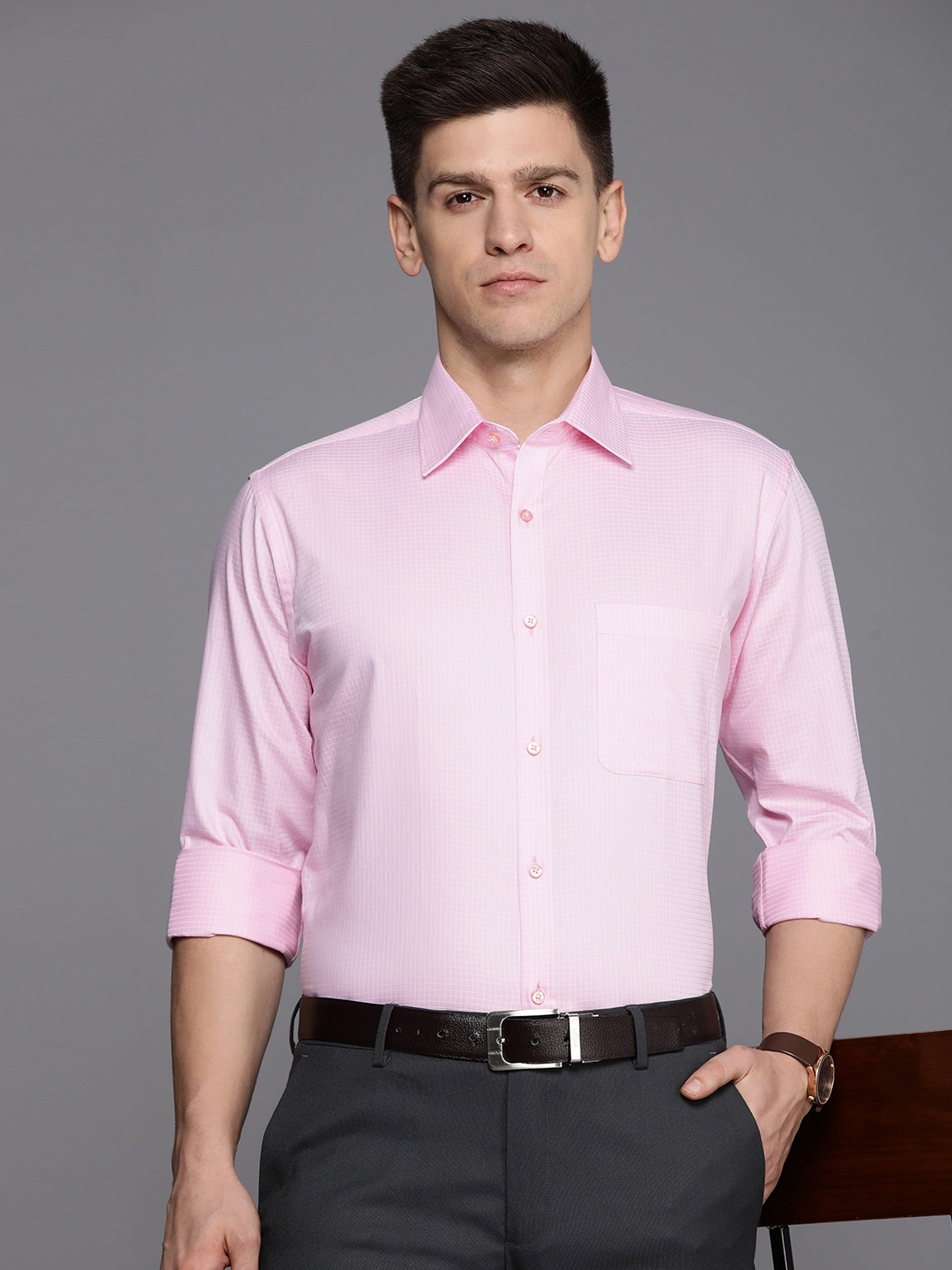 

Raymond Men Slim Fit Micro Checks Pure Cotton Formal Shirt, Pink