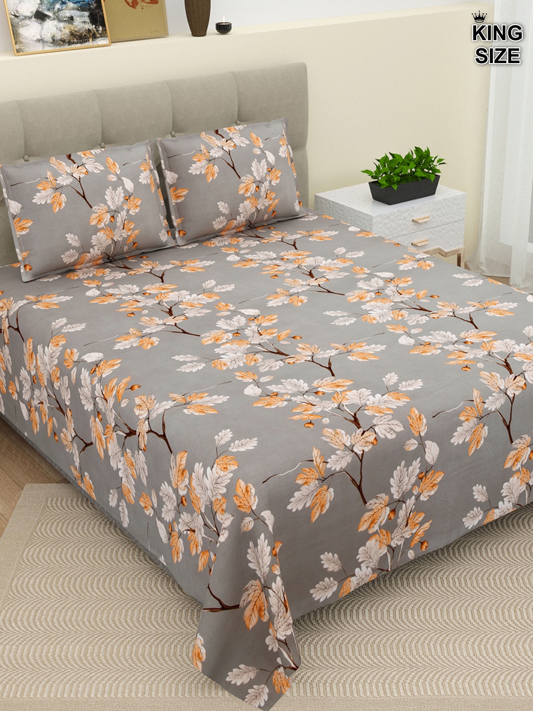 

DREAM WEAVERZ Grey & White Floral Cotton 220 TC Super King Bedsheet with 2 Pillow Covers