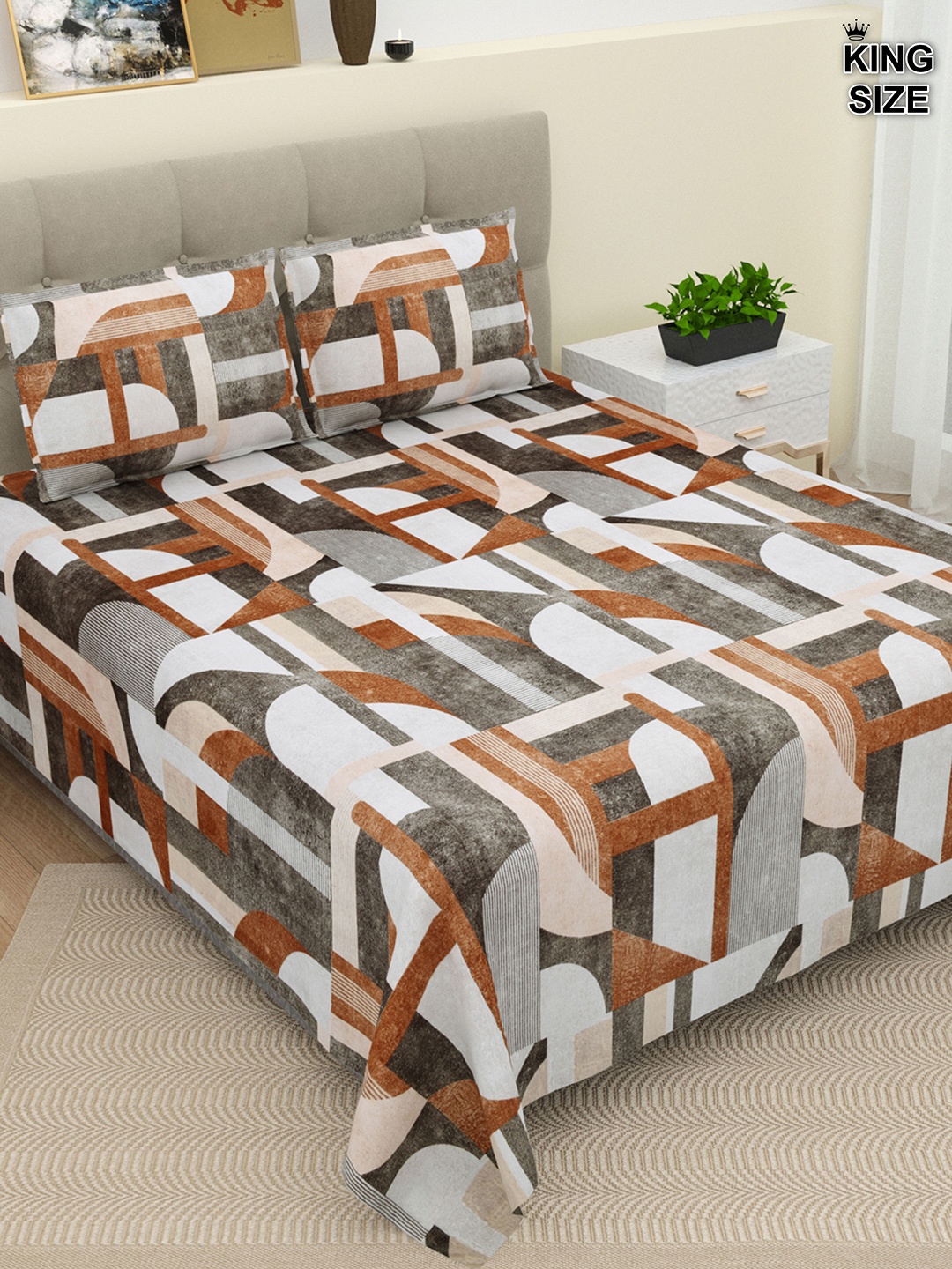 

DREAM WEAVERZ Brown & White Cotton 220 TC Super King Bedsheet with 2 Pillow Covers