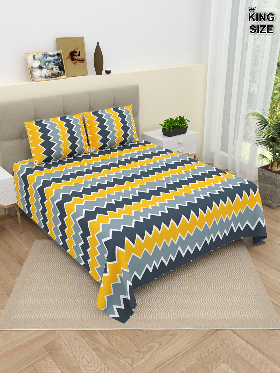 

DREAM WEAVERZ Yellow & Grey Striped 220 TC King Bedsheet with 2 Pillow Covers