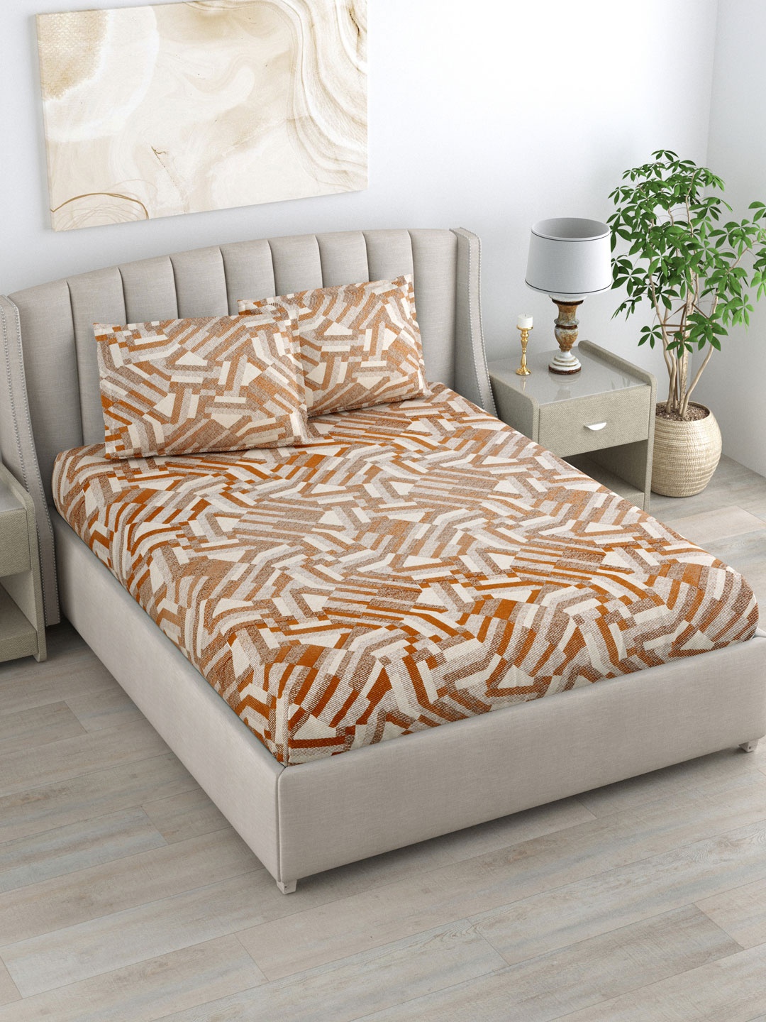 

DREAM WEAVERZ Brown & White Striped 220 TC King Bedsheet with 2 Pillow Covers