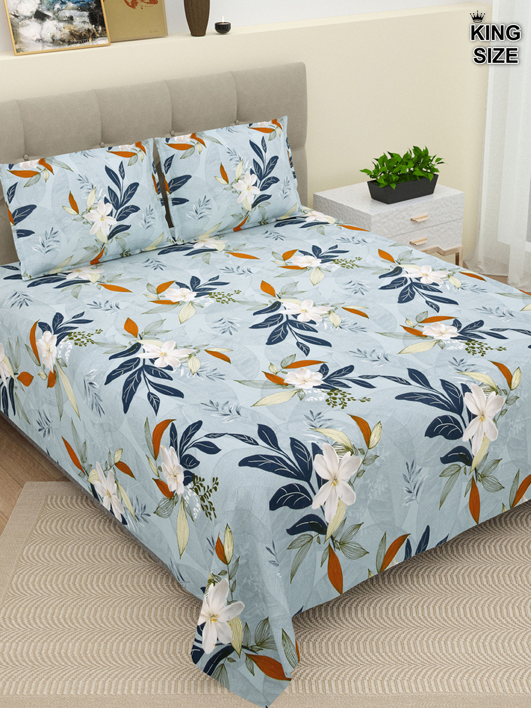 

DREAM WEAVERZ Blue & White Floral Cotton 220 TC Super King Bedsheet With 2 Pillow Covers